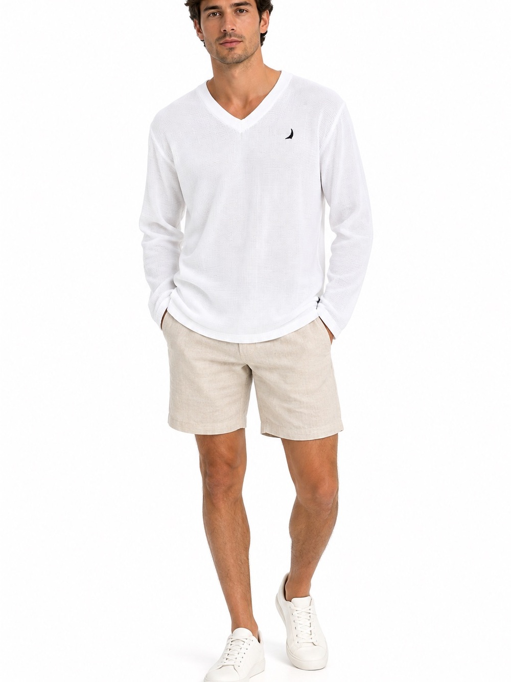Blanc du Nil Men’s White Cotton V-Neck Lightweight Textured Pullover Shirt S